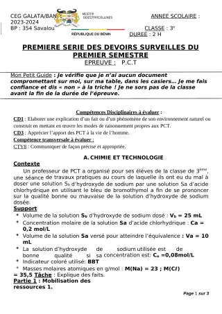 Première page de PCT 3e — 1er devoir surveillé, 1er semestre (2023-2024) · CEG Galata