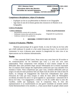 Première page de Histoire-Géographie 1ère A1 — 2e devoir surveillé, 2e semestre (2021-2022) · CEG2 ABOMEY - CALAVI (CEG ZOCA)