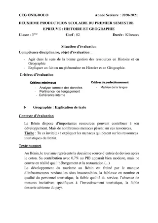 Première page de Histoire-Géographie 3e, 3e ML — 1er semestre (2020-2021) · CEG ONIGBOLO