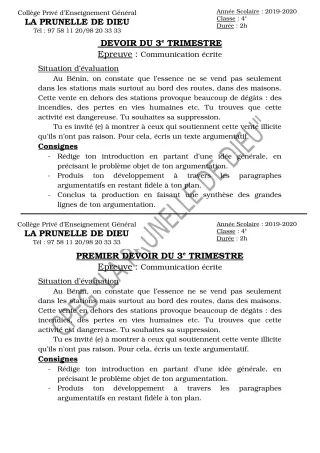 Première page de Français 4e, 4e ML — Devoir surveillé, 3e trimestre (2019-2020) · CEPG La Prunelle de Dieu