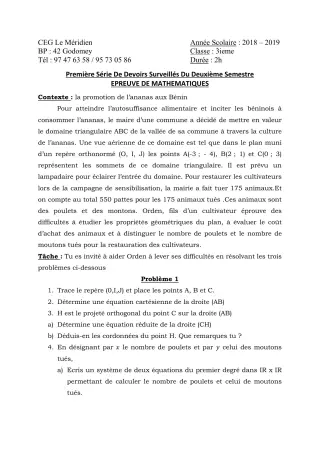 Première page de Mathématiques 3e, 3e ML — 1er devoir surveillé, 2e semestre (2018-2019) · CEG Le Méridien