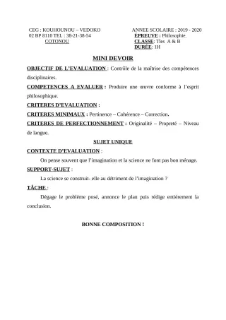Première page de Philosophie Tle A1, Tle A2 — Composition (2019-2020) · CEG Kouhounou-Vêdoko