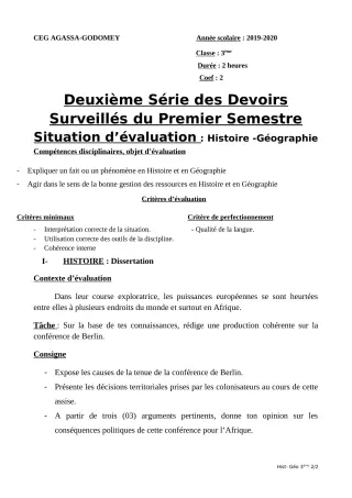 Première page de Histoire-Géographie 3e, 3e ML — 2e devoir surveillé, 1er semestre (2019-2020) · CEG Agassa Godomey