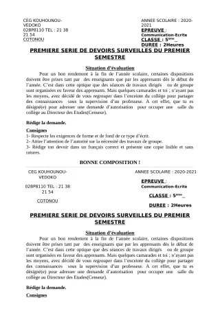 Première page de Français 5e — 1er devoir surveillé, 1er semestre (2020-2021) · CEG Kouhounou-Vêdoko