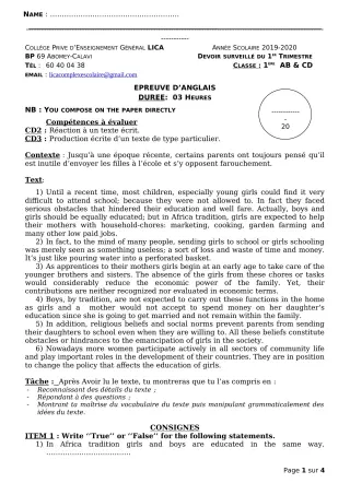 Première page de Anglais 1ère A2, 1ère B, 1ère C, 1ère D — Devoir surveillé, 1er trimestre (2019-2020) · CPEG LICA