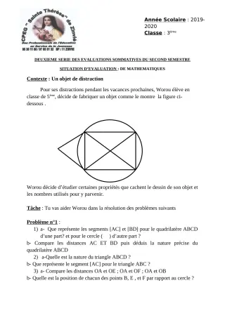 Première page de Mathématiques 5e — 2e évaluation sommative, 2e semestre (2019-2020) · CPEG Ste Thérèse de Zinvié