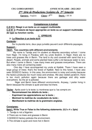 Première page de Anglais 5e — 2e production scolaire, 2e semestre (2022-2023) · CEG GOHO