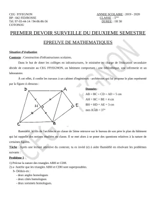 Première page de Mathématiques 5e — 1er devoir surveillé, 2e semestre (2019-2020) · CEG FIYEGNON