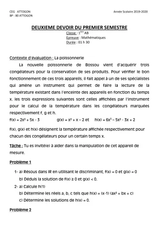 Première page de Mathématiques 1ère A & B, 1ère A1, 1ère A2, 1ère B — 2e devoir surveillé, 1er semestre (2019-2020) · CEG Attogon