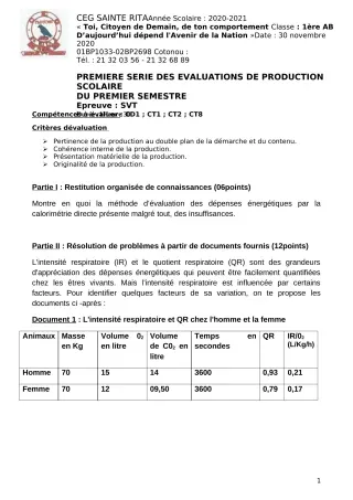 Première page de SVT 1ère A2, 1ère B — Production scolaire, 1er semestre (2020-2021) · CEG Sainte Rita