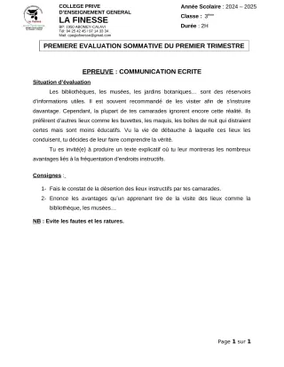 Première page de Français 3e — 1re évaluation sommative, 1er trimestre (2024-2025) · CPEG La Finesse