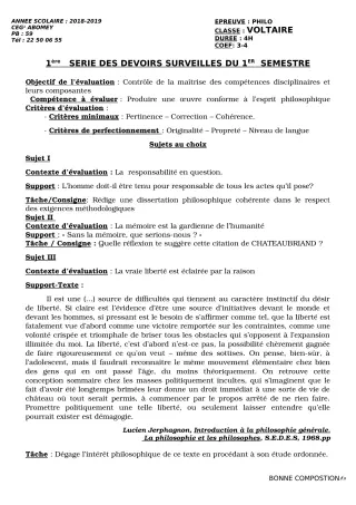 Première page de Philosophie 2nde A & B, 2nde D, 1ère A, 1ère A & B, 1ère D, Tle A, Tle D — Devoir surveillé, 1er semestre (2018-2019) · CEG1 Abomey