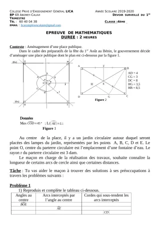 Première page de Mathématiques 4e, 4e ML — Devoir surveillé, 1er trimestre (2019-2020) · CPEG LICA