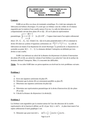 Première page de Mathématiques Tle D — 1er devoir surveillé, 2e semestre (2021-2022) · CEG2 ABOMEY - CALAVI (CEG ZOCA)