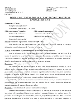 Première page de SVT 5e — 2e devoir surveillé, 2e semestre (2019-2020) · CEG FIYEGNON