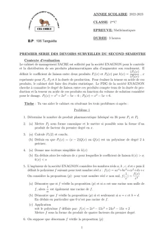 Première page de Mathématiques 2nde C — 1er devoir surveillé, 2e semestre (2022-2023) · CEG Cobly