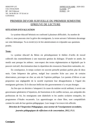 Première page de Français 4e — 1er devoir surveillé, 1er semestre (2020-2021) · CEG FIYEGNON
