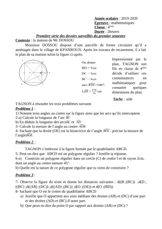Première page de Mathématiques 4e, 4e ML — 1er devoir surveillé, 1er semestre (2019-2020) · Ceg OUESSE