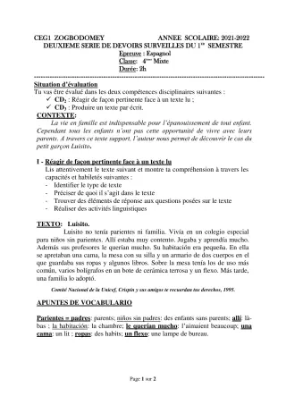Première page de Espagnol 4e ML — 2e devoir surveillé, 1er semestre (2021-2022) · CEG 1 ZOGBODOMEY