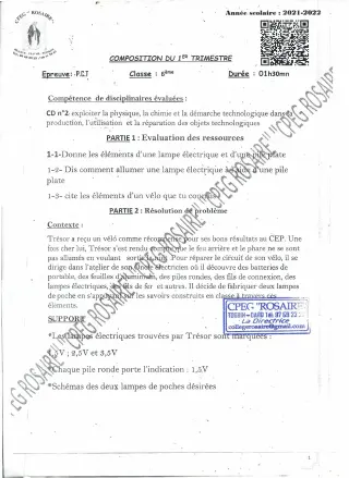 Première page de PCT 6e — Composition, 1er trimestre (2021-2022) · CPEG ROSAIRE