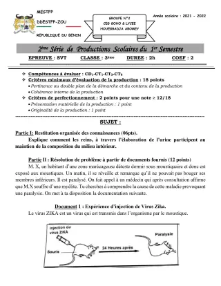 Première page de SVT 3e — 2e production scolaire, 1er semestre (2021-2022) · CEG GOHO