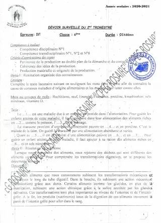 Première page de SVT 6e — 1er devoir surveillé, 2e trimestre (2020-2021) · CPEG ROSAIRE