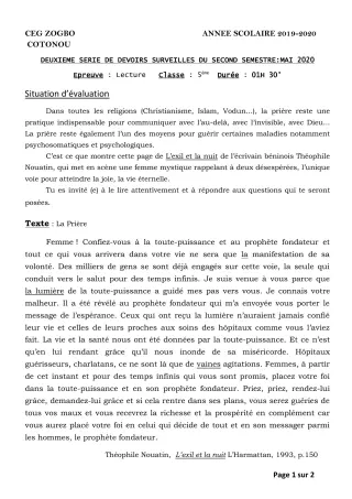 Première page de Français 5e — 2e devoir surveillé, 2e semestre (2019-2020) · CEG ZOGBO