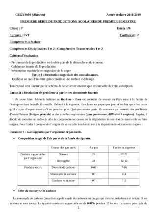 Première page de SVT 3e, 3e ML — 1re production scolaire, 1er semestre (2018-2019) · CEG3 Pobè (Akouho)