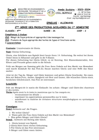 Première page de Allemand 4e, 3e — 2e production scolaire, 1er semestre (2023-2024) · CEG1 Ikpinlè