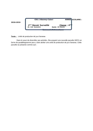 Première page de Mathématiques 4e, 4e ML — 2e devoir surveillé, 2e semestre (2018-2019) · CEG2 ABOMEY - CALAVI (CEG ZOCA)