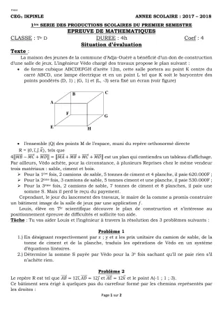 Première page de Mathématiques Tle D — 1re production scolaire, 1er semestre (2017-2018) · CEG1 Ikpinlè