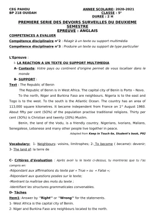 Première page de Anglais 5e — 1er devoir surveillé, 2e semestre (2020-2021) · CEG PAHOU