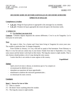Première page de Anglais 5e — 2e devoir surveillé, 2e semestre (2020-2021) · CEG du Lac