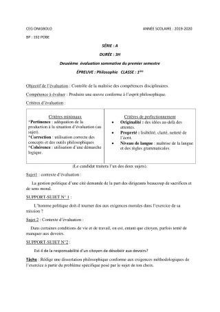 Première page de Philosophie 1ère A2 — 2e évaluation sommative, 1er semestre (2019-2020) · CEG ONIGBOLO