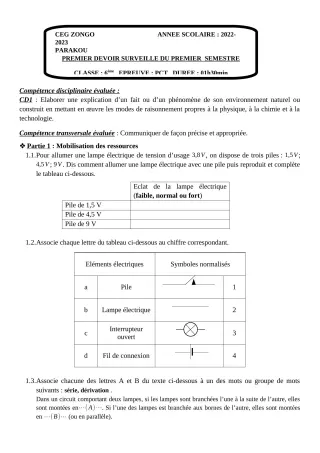 Première page de PCT 6e, 5e, 4e, 3e — 1er devoir surveillé, 1er semestre (2022-2023) · CEG ZONGO