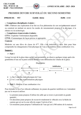 Première page de PCT 6e — 1er devoir surveillé, 2e semestre (2023-2024) · CEG Yagbe