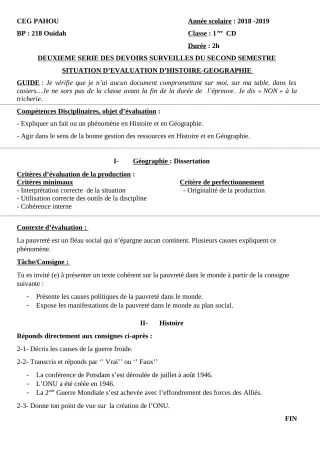 Première page de Histoire-Géographie 1ère C, 1ère D — 2e devoir surveillé, 2e semestre (2018-2019) · CEG PAHOU