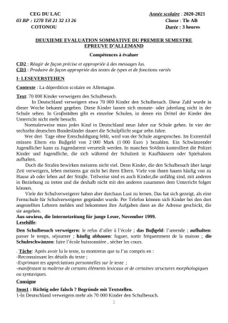 Première page de Allemand Tle A2, Tle B — 2e évaluation sommative, 1er semestre (2020-2021) · CEG du Lac