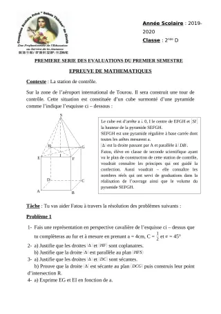 Première page de Mathématiques 2nde D — 1re évaluation sommative, 1er semestre (2019-2020) · CPEG Ste Thérèse de Zinvié