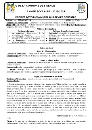 Première page de Philosophie Tle A2 — 1er devoir surveillé, 1er semestre (2023-2024) · CEG SEKERE