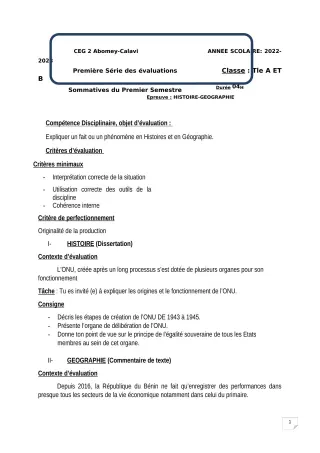 Première page de Histoire-Géographie Tle B — 1re évaluation sommative, 1er semestre (2022-2023) · CEG2 ABOMEY - CALAVI (CEG ZOCA)