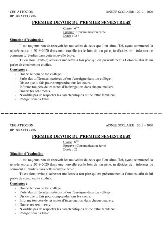 Première page de Français 6e — Interrogation, 1er semestre (2019-2020) · CEG Attogon