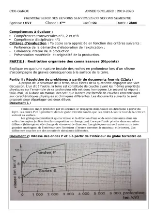 Première page de SVT 4e — 1er devoir surveillé, 2e semestre (2019-2020) · CEG GAROU