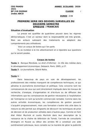 Première page de Français 2nde A & B, 2nde A2, 2nde B, 2nde C, 2nde D — 1er devoir surveillé, 2e semestre (2020-2021) · CEG PAHOU