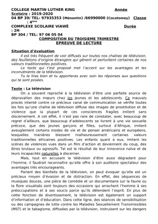 Première page de Français 6e, 5e, 4e, 4e ML, 3e, 3e ML — Composition, 3e trimestre (2019-2020) · CPEG Martin Luther King Cotonou