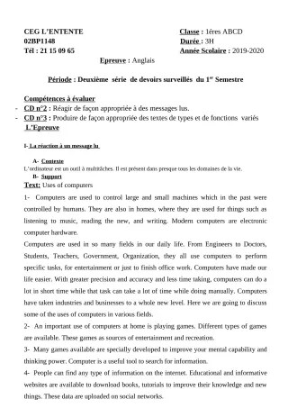 Première page de Anglais 1ère A2, 1ère B, 1ère C, 1ère D — 2e devoir surveillé, 1er semestre (2019-2020) · CEG L'Entente