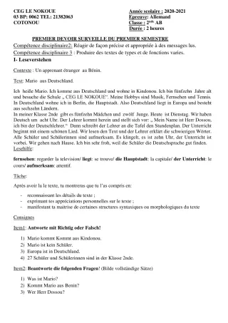 Première page de Allemand 2nde A1, 2nde A2, 2nde B — 1er devoir surveillé, 1er semestre (2020-2021) · CEG LE NOKOUE