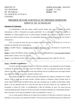 Première page de Français 1ère A2, 1ère B, 1ère C, 1ère D — 1er devoir surveillé, 1er semestre (2020-2021) · CEG FIYEGNON
