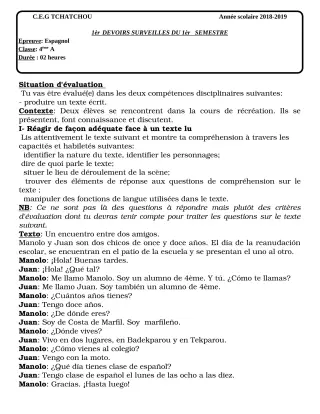 Première page de Espagnol 4e ML — 1er devoir surveillé, 1er semestre (2018-2019) · CEG Tchatchou