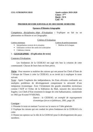 Première page de Histoire-Géographie 3e — 1er devoir surveillé, 2e semestre (2019-2020) · CEG ATROKPOCODJI